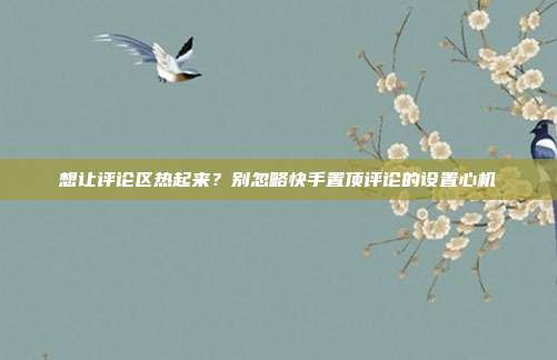 想让评论区热起来？别忽略快手置顶评论的设置心机