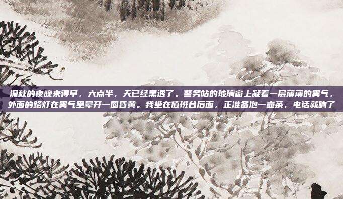 深秋的夜晚来得早，六点半，天已经黑透了。警务站的玻璃窗上凝着一层薄薄的雾气，外面的路灯在雾气里晕开一圈昏黄。我坐在值班台后面，正准备泡一壶茶，电话就响了