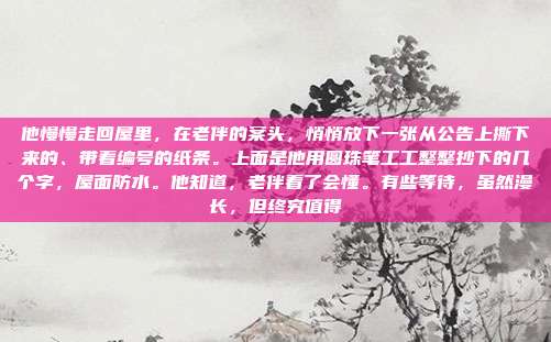 他慢慢走回屋里，在老伴的案头，悄悄放下一张从公告上撕下来的、带着编号的纸条。上面是他用圆珠笔工工整整抄下的几个字，屋面防水。他知道，老伴看了会懂。有些等待，虽然漫长，但终究值得